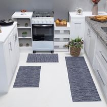 Kit Passadeira Tapete Cozinha 3 Peças Jacquard Base Antiderrapante - Marinho