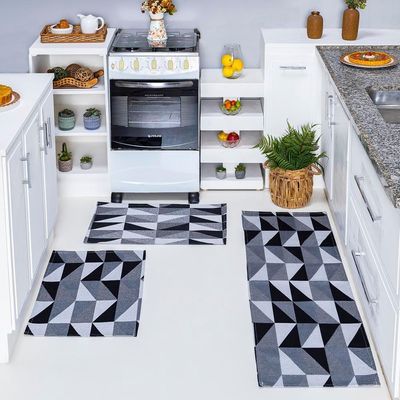 Kit Passadeira Tapete Cozinha 3 Peças Jacquard Base Antiderrapante - Losango Preto E Branco