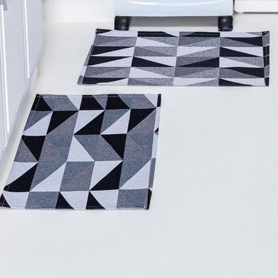 Kit Passadeira Tapete Cozinha 3 Peças Jacquard Base Antiderrapante - Losango Preto E Branco