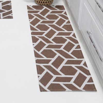 Kit Passadeira Tapete Cozinha 3 Peças Jacquard Base Antiderrapante - Geométrico Avelã