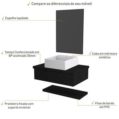Conjunto Bancada C-cuba Q355, Prateleira E Espelheira Metrópole 606 Nogal Preto ônix