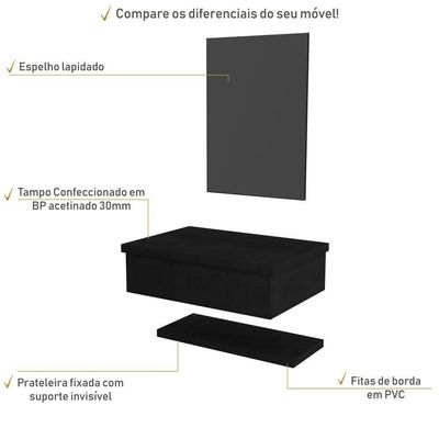 Conjunto Bancada, Prateleira E Espelheira Ktme607 Nogal Preto ônix
