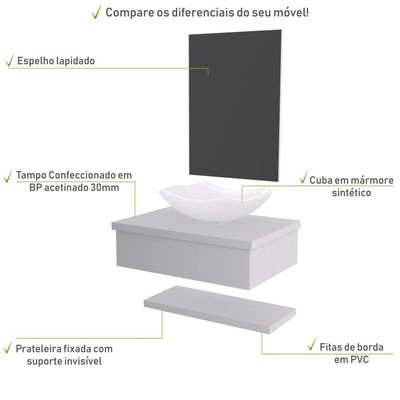 Conjunto Bancada C-cuba L42, Prateleira E Espelheira Metrópole 606 Perffect Acetinado Branco Chess