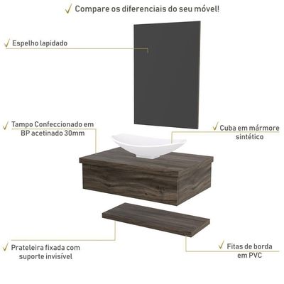 Conjunto Bancada C-cuba L45, Prateleira E Espelheira Metrópole 606 Carvalho Carvalho Dark