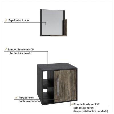 Conjunto Balcão E Espelheira Soft 500 Perffect Acetinado Preto ônix C-carvalho Dark