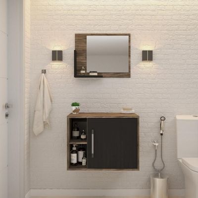 Conjunto Balcão E Espelheira Soft 600 Perffect Acetinado Carvalho Dark C-preto ônix