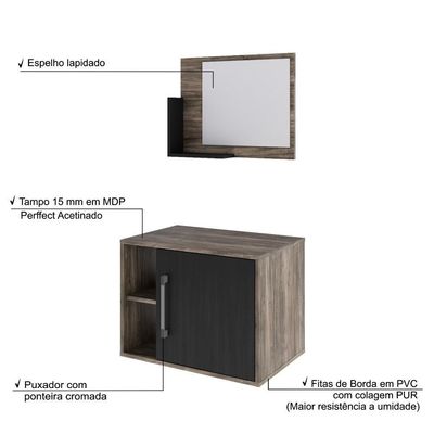 Conjunto Balcão E Espelheira Soft 600 Perffect Acetinado Carvalho Dark C-preto ônix