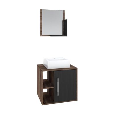 Conjunto Balcão C-cuba Q32 E Espelheira Soft 500 Nogal C-branco Chess Nogal C-preto ônix