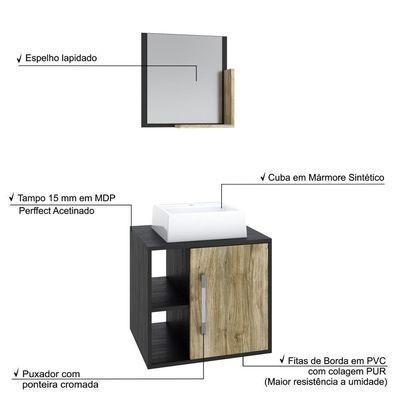 Conjunto Balcão C-cuba Q32 E Espelheira Soft 500 Preto ônix C-branco Chess Preto ônix C-carvalho