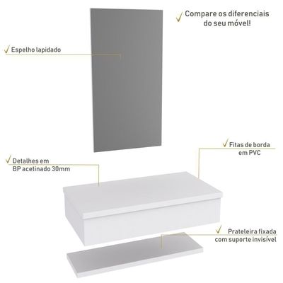 Conjunto Bancada, Prateleira E Espelheira Ktme807 Perffect Acetinado Branco Chess