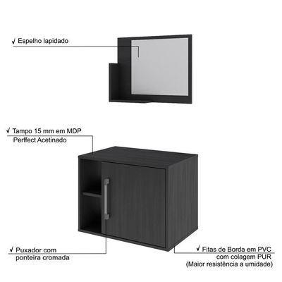 Conjunto Balcão E Espelheira Soft 600 Perffect Acetinado Preto ônix