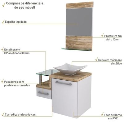 Gabinete Para Banheiro C-cuba L34 E Espelheira Legno 631 Branco Chess C-carvalho
