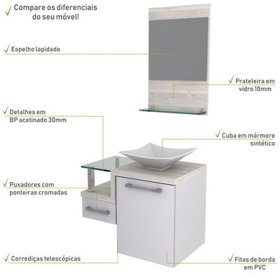 Gabinete Para Banheiro C-cuba L34 E Espelheira Legno 631 Branco Chess C-snow