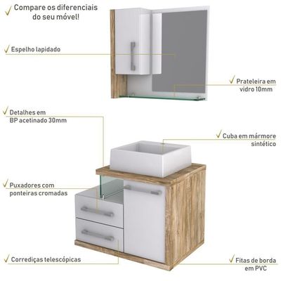 Gabinete Para Banheiro C-cuba Q355 E Espelheira Legno 650 Branco Chess C-carvalho