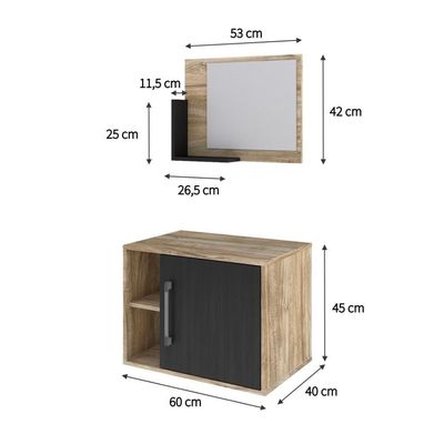 Conjunto Balcão E Espelheira Soft 600 Perffect Acetinado Carvalho C-preto ônix