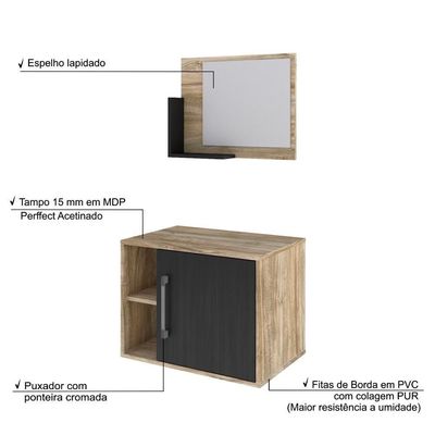 Conjunto Balcão E Espelheira Soft 600 Perffect Acetinado Carvalho C-preto ônix