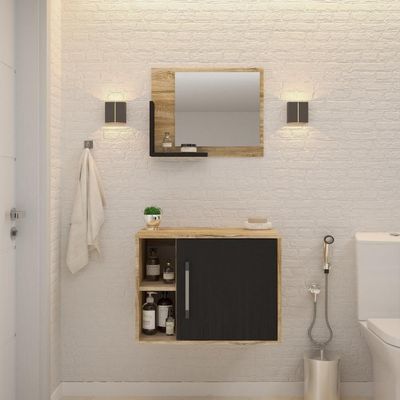 Conjunto Balcão E Espelheira Soft 600 Perffect Acetinado Carvalho C-preto ônix