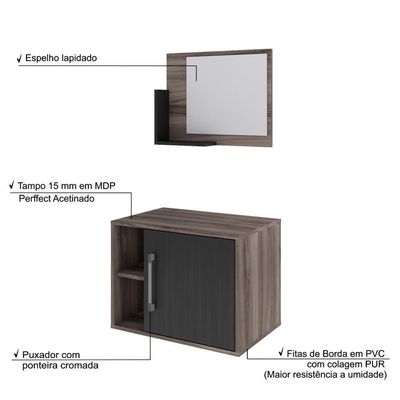 Conjunto Balcão E Espelheira Soft 600 Perffect Acetinado Nogal C-preto ônix