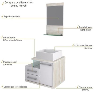 Gabinete Para Banheiro C-cuba Q355 E Espelheira Legno 651 Branco Chess C-snow