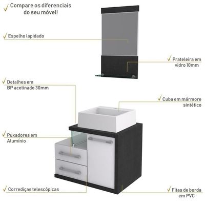 Gabinete Para Banheiro C-cuba Q355 E Espelheira Legno 651 Branco Chess C-preto ônix