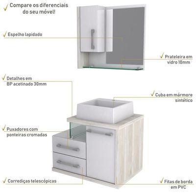 Gabinete Para Banheiro C-cuba Q355 E Espelheira Legno 650 Branco Chess C-snow