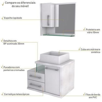 Gabinete Para Banheiro C-cuba Q355 E Espelheira Legno 650 Branco Chess C-branco Chess