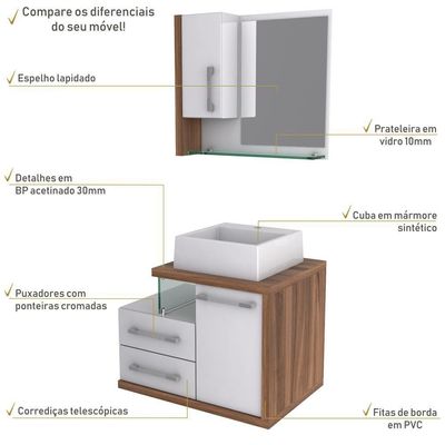 Gabinete Para Banheiro C-cuba Q355 E Espelheira Legno 650 Branco Chess C-nogal