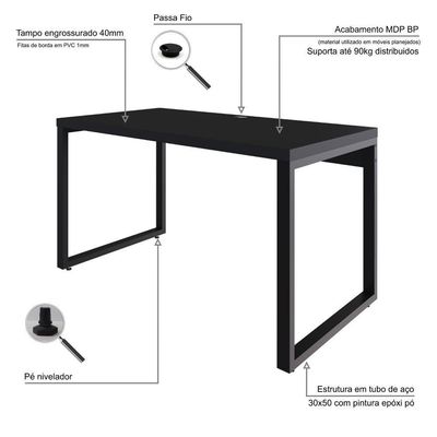 Mesa Operacional 135x70x75cm Yon Preto Tx-est.preta Preto Tx-est.preta