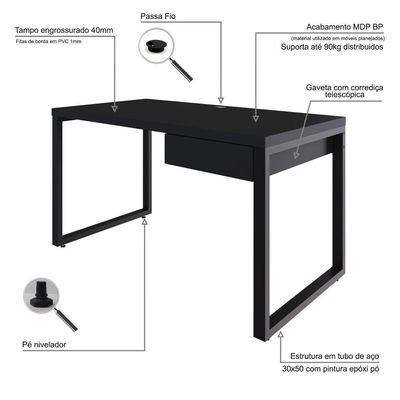Mesa Operacional C-01gav. 135x70x75cm Yon Preto Tx-est.preta Preto Tx-est.preta