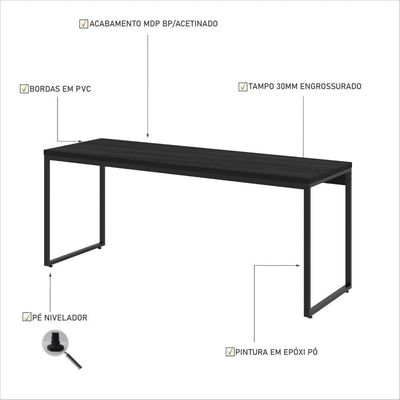 Mesa Dynamica Diretor 180x60x75cm Preto ônix - Est.preta Preto ônix - Est.preta