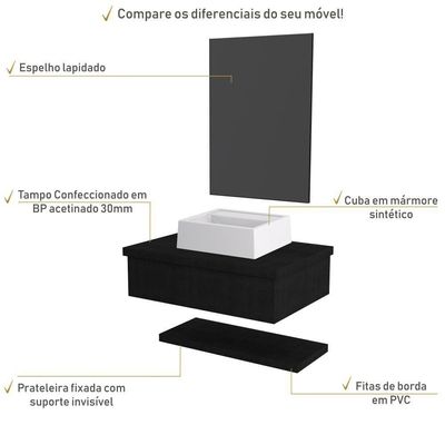 Conjunto Bancada C-cuba Q32, Prateleira E Espelheira Metrópole 606 Nogal Preto ônix