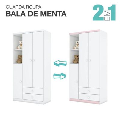 Guarda Roupa Infantil 03 Portas 02 Gavetas Henn Branco Ou Branco Com Rosa Chá