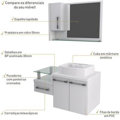 Conjunto Balcão C-cuba Aria 41 E Espelheira Legno 830 Perffect Acetinado Branco Chess C-branco Chess