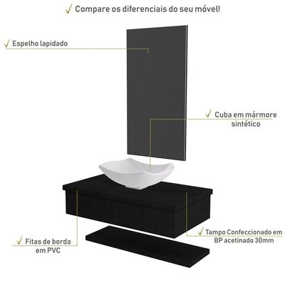 Conjunto Bancada C-cuba L42, Prateleira E Espelheira Metrópole 806 Nogal Preto ônix