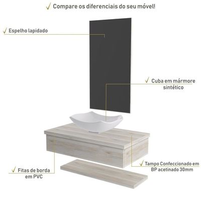 Conjunto Bancada C-cuba L42, Prateleira E Espelheira Metrópole 806 Preto ônix Snow