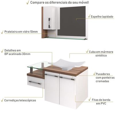 Conjunto Balcão C-cuba F44 E Espelheira Legno 830 Branco Chess C-carvalho Dark Branco Chess C-nogal