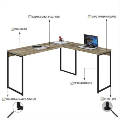 Mesa Em L Dynamica Diretor 150x140x75cm Carvalho - Est.preta Carvalho - Est.preta