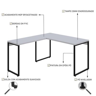 Mesa Em L Kuadra Office 135x150x75cm Branco Chess - Est.preta Branco Chess - Est.preta