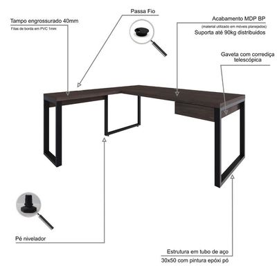 Mesa Em L Presidente C-01 Gav. 190x160x75cm Yon Terracota-est.preta Terracota-est.preta