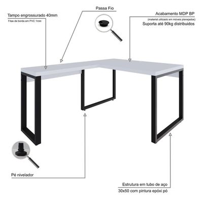 Mesa Em L Operacional 135x160x75cm Yon Branco Tx-est.preta Branco Tx-est.preta
