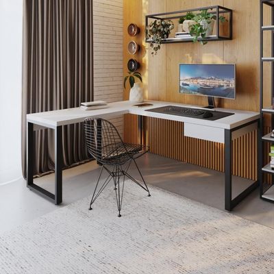Mesa Em L Presidente C-01 Gav. 190x160x75cm Yon Branco Tx-est.preta Branco Tx-est.preta