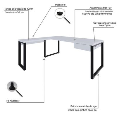 Mesa Em L Presidente C-01 Gav. 190x160x75cm Yon Branco Tx-est.preta Branco Tx-est.preta