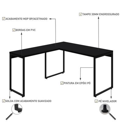 Mesa Em L Kuadra Office 135x150x75cm Preto ônix - Est.preta Preto ônix - Est.preta