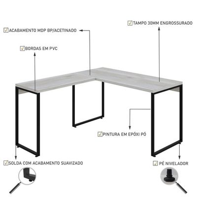 Mesa Em L Kuadra Office 135x150x75cm Snow - Est.preta Snow - Est.preta