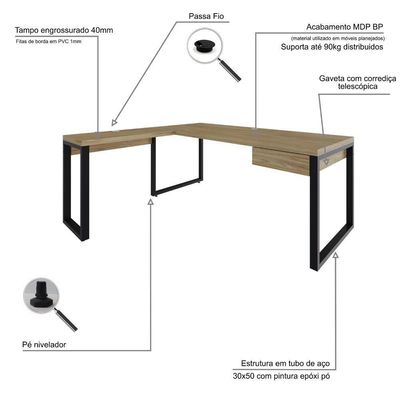 Mesa Em L Presidente C-01 Gav. 190x160x75cm Yon Vermont Oak-est.preta Vermont Oak-est.preta