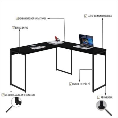 Mesa Em L Dynamica Office 135x140x75cm Preto ônix - Est.preta Preto ônix - Est.preta