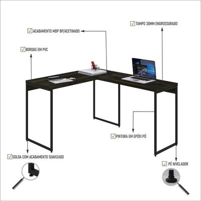 Mesa Em L Dynamica Office 120x140x75cm Carvalho Dark - Est.preta Carvalho Dark - Est.preta