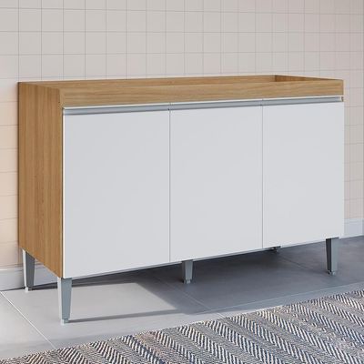 Balcão Pia Manu 120cm 3 Portas Amêndoa-branco Sem Tampo Ajl Móveis Amêndoa-branco