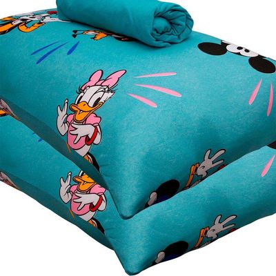 Jogo De Cama Portallar Casal Malha 100% Algodão Disney Mickey Feliz 3 Peças Verde