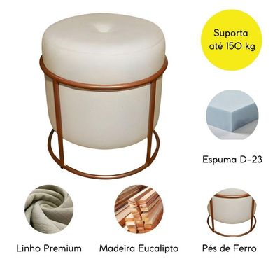 Puff Decorativo Redondo Para Sala Argola Ian Bege Bronze Linho